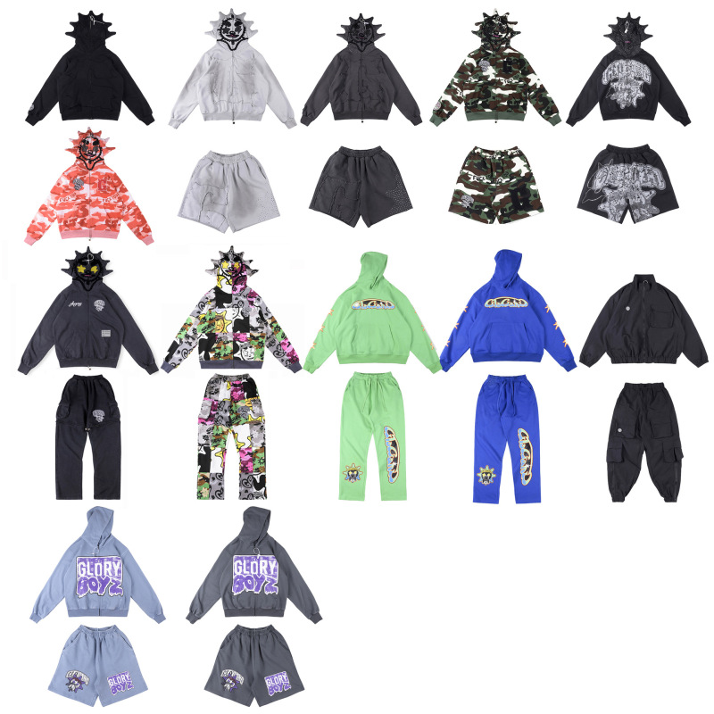 Foreign trade wholesale Glo Gang cross-border trendy brand hooded zip-up set with embroidered logo
