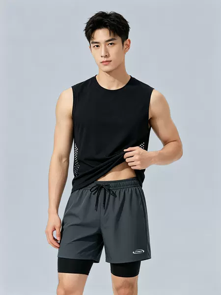 Men's Swimsuit Quick-Drying Sleeveless Vest Men's Summer New Loose-Fitting Sports Casual Anti-Embarrassment Adult Double-Layer Swimming Trunks