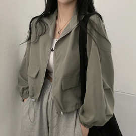 春夏薄款防晒防风时尚复古百搭工装抽绳短款棒球服夹克上衣外套潮