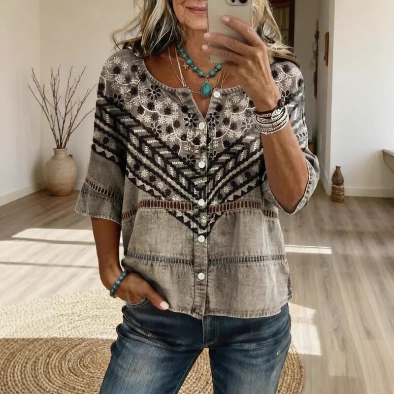 2026 New Model Independent Foreign Trade Shirt Cross-Border Top V-Neck European Size Women's Floral 3D Print Henley Shirt 2026 New Model Independent Foreign Trade Shirt Cross-Border Top V-Neck European Size Women's Floral 3D Print Henley Shirt