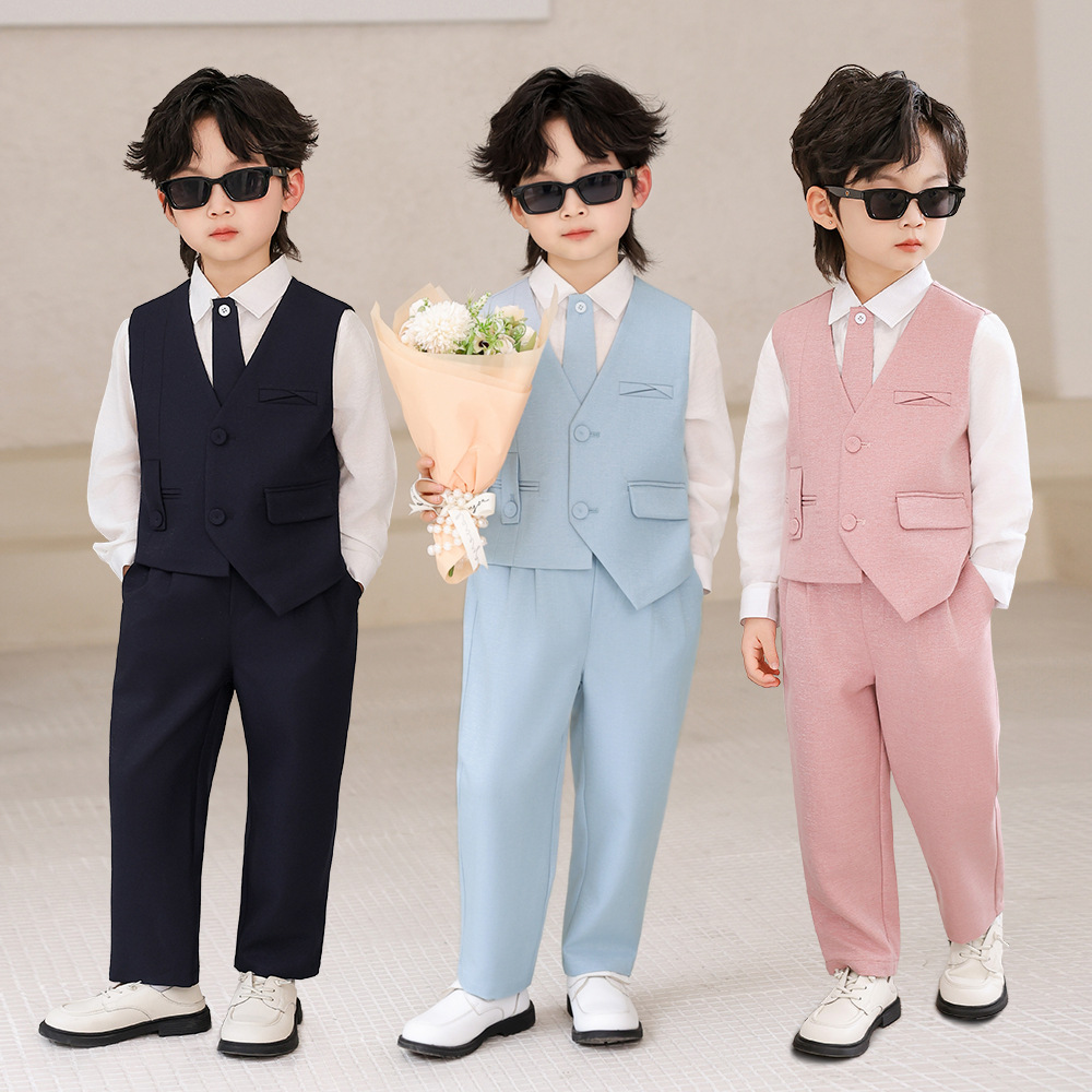 Boys' Suit Formal Wear British Gentleman Style Solid Color Vest Set Baby Flower Boy Host Performance Outfit First Birthday Photography Outfit