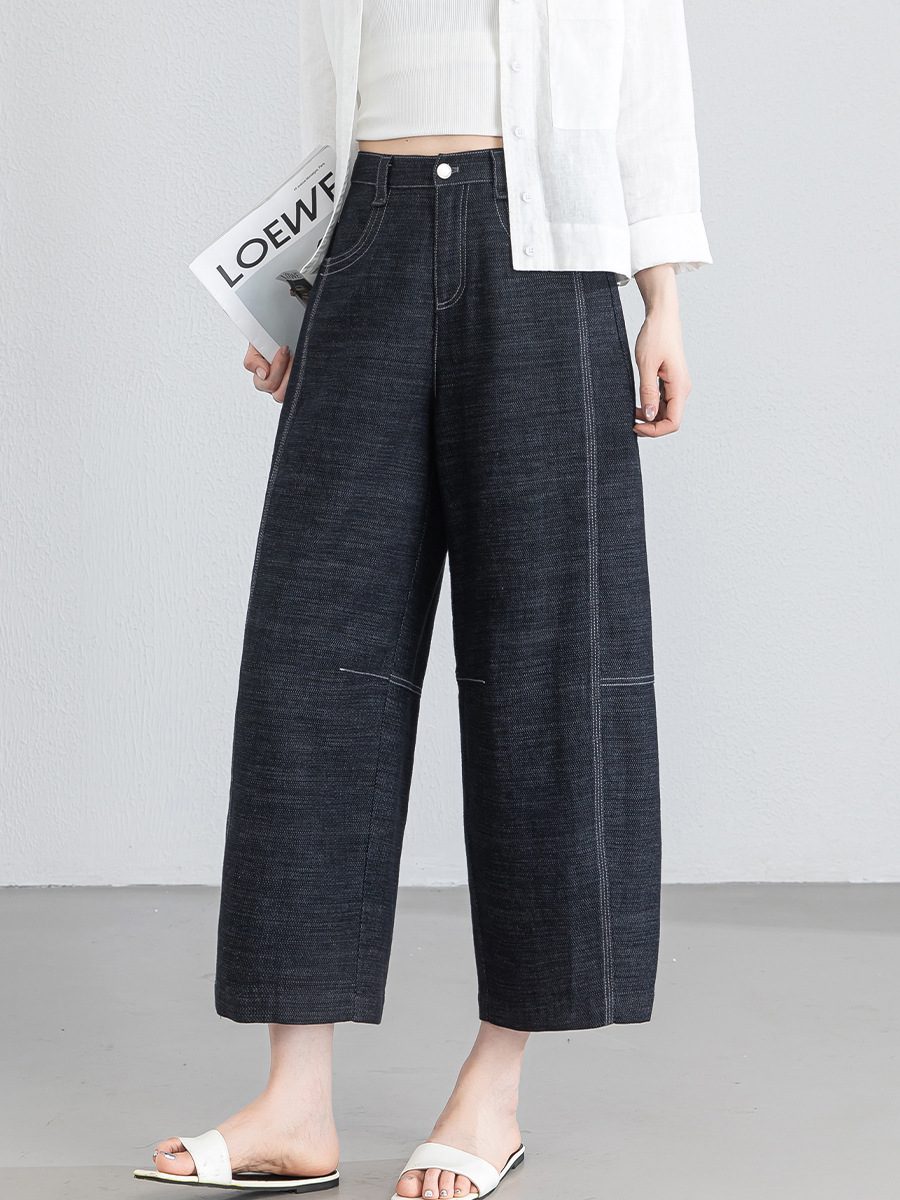 Quần jean nữ ống rộng eo cao vải linen mát mẻ phong cách cổ điển — xanh lam