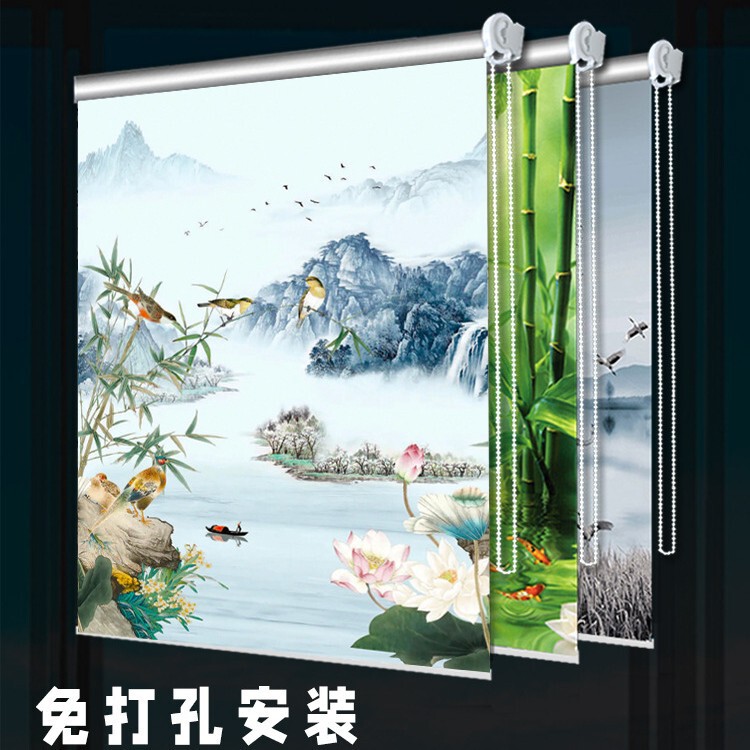 Roll-Up Curtains, Punch-Free Zipper-Type Adjustable Blackout Bedroom Balcony Kitchen Blinds Bathroom Waterproof