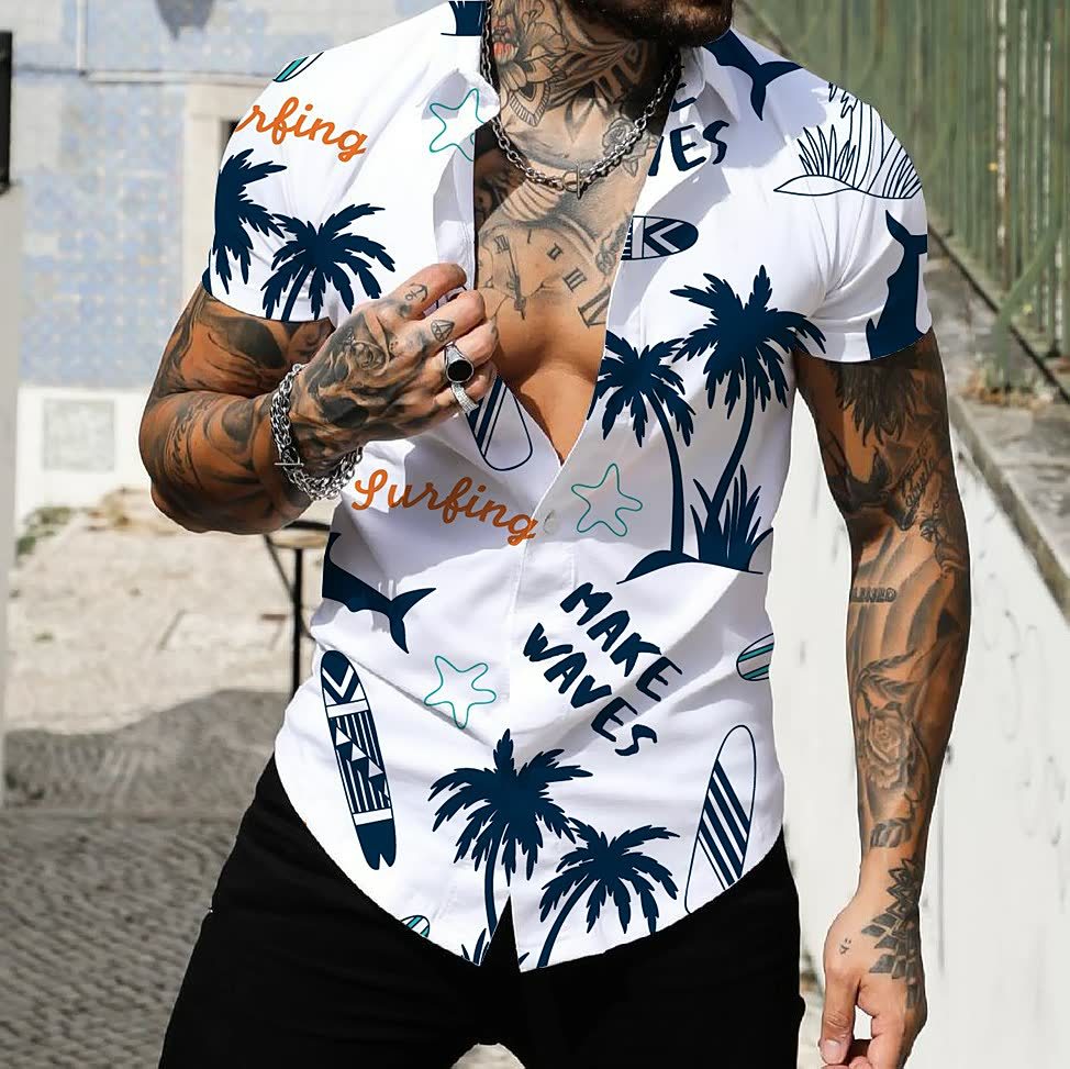 2023 Comercio exterior europeo y americano de los hombres de primavera nueva manga corta impresa casual solapa más tamaño camisa de los hombres