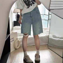 女士夏季牛仔短裤高腰宽松显瘦梨形身材破洞薄阔腿直筒大码五分裤