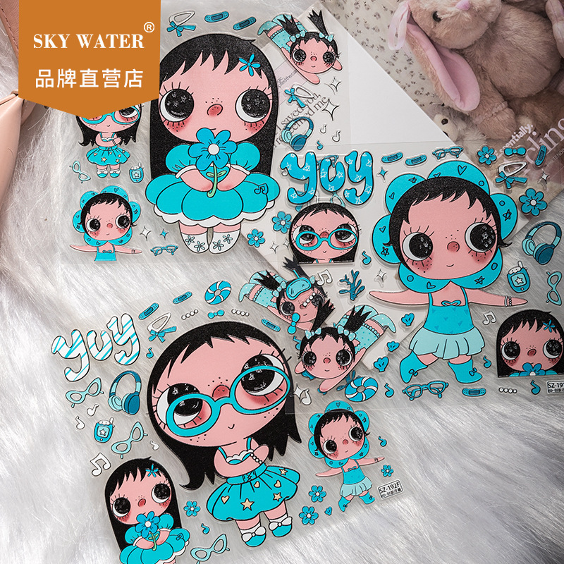 SKY blue floral cute cartoon stickers with high aesthetic appeal for girls' DIY phone cases, tablets, planners, and water bottles SKY blue floral cute cartoon stickers with high aesthetic appeal for girls' DIY phone cases, tablets, planners, and water bottles