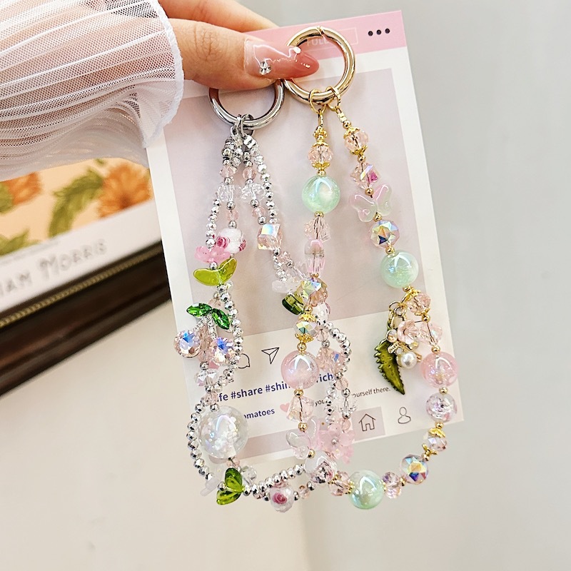 Boutique hecho a mano cadena de teléfono móvil de alta gama pulsera de cristal de cereza cordón de teléfono móvil de moda colgante de mensajero corto