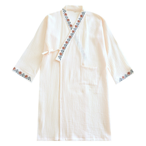 Traditional-style Lace-Up Embroidered Nightgown for Women: Double-Layered Cotton Gauze Bathrobe, Pure Cotton Design—Perfect for Spring and Autumn Home Wear & Sleepwear