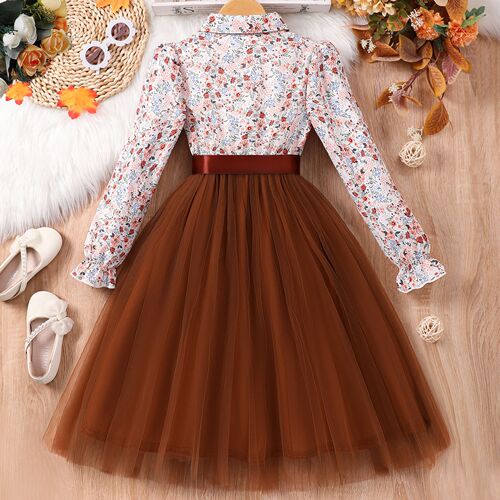 2-12 Year-old girl's long-sleeved lapel floral mesh dress for small and medium-sized children's princess dress with woven belt, new in spring