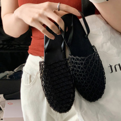 羊皮版小眾網面平底真皮羅馬涼鞋女外穿包頭鏤空軟底涼鞋涼拖