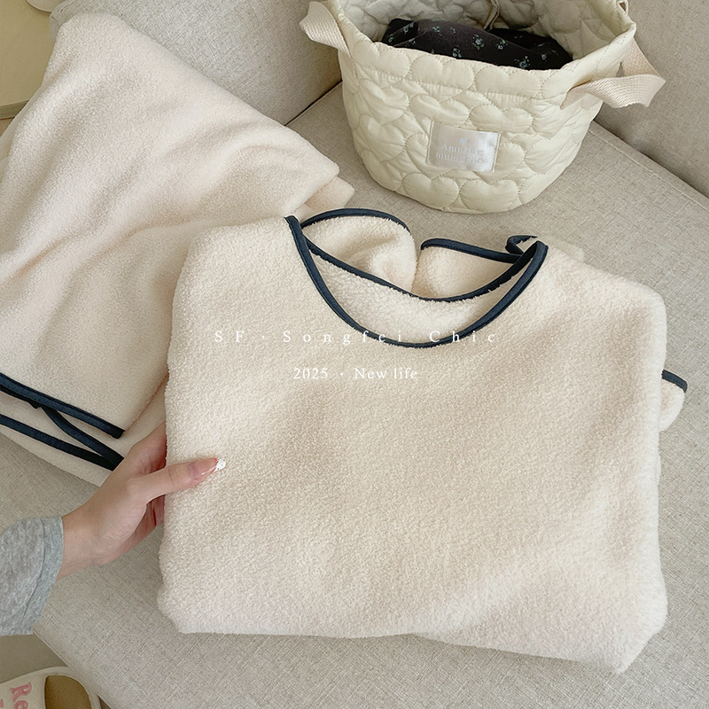 25新品韩风圆领套头雪粒绒睡衣女加绒加厚宽松极简家居服二件套装|undefined