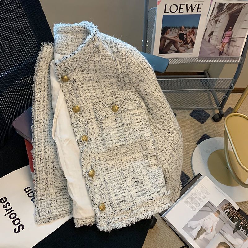 White Short Jacket for Women Early Spring 2025 Autum New Tweed Round Neck Versatile Top Elegant