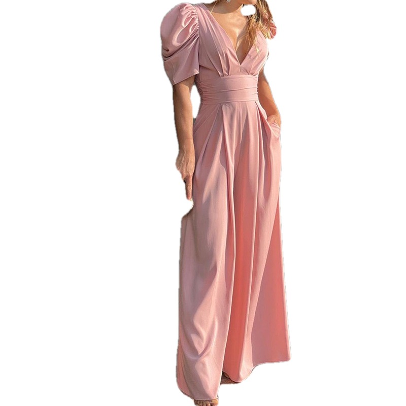 2025 primavera estilo transfronterizo de mujer mono europeo y americano cuello en V simple color sólido con cordones mono de pierna ancha para mujer