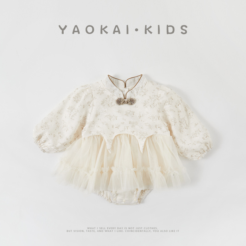 春秋新款嬰兒裙子禮服拼接假兩件新生兒包屁衣裙子寶寶衣服爬爬服