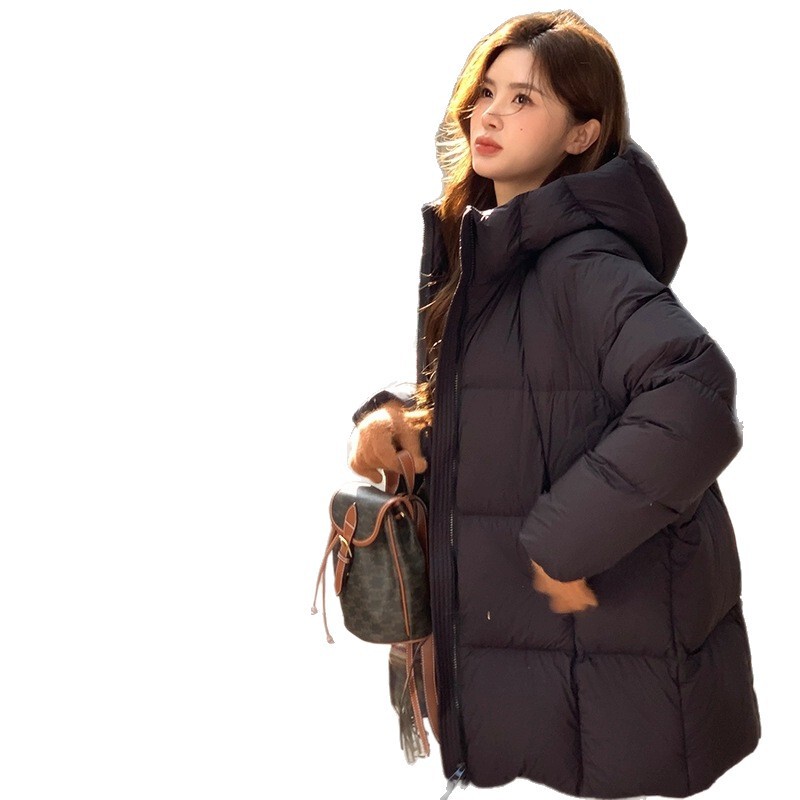 云朵泡芙羽绒棉服女中长款2025新款加厚连帽小个子棉袄面包服外套|undefined