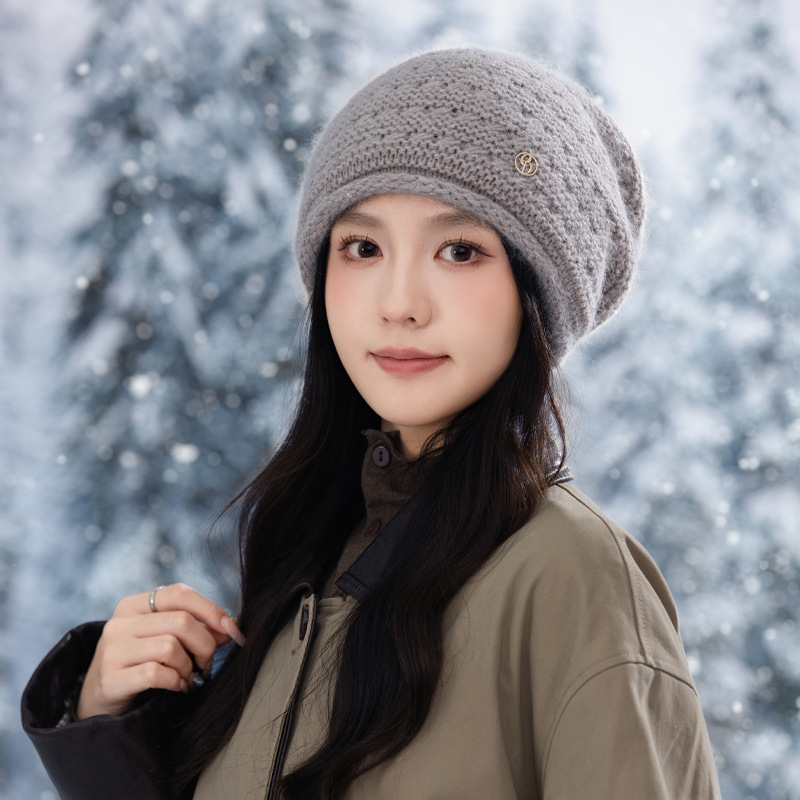 Autumn Winter Women Fashion Versatile Knitted Solid Color Head Wrap Warm Thickened Fleece Yarn Mom Hat_voghion.com