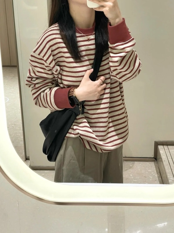 MISSMAR 韩系慵懒红色条纹圆领卫衣女秋季2025新款宽松休闲上衣|undefined