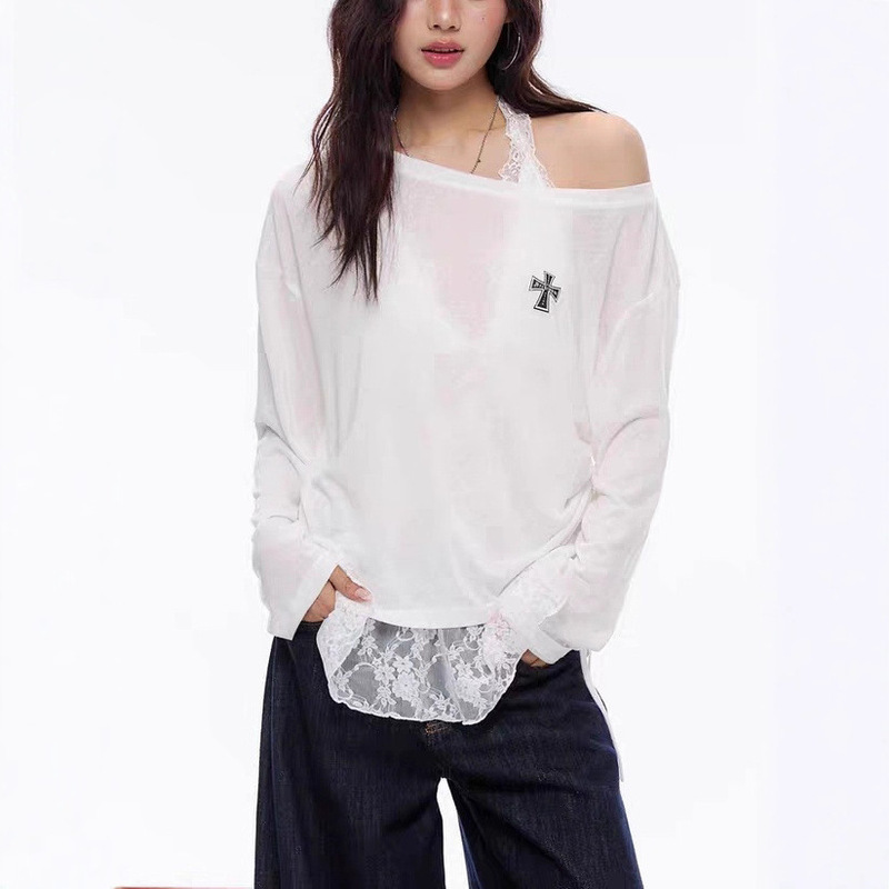 Lyocell Tencel Slanted Shoulder One-Shoulder Cross Logo Slimming Look Sun Protection Blouse Long-Sleeved Top for Women