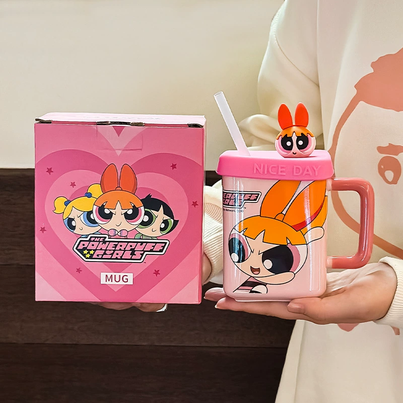 Керамическая кружка Powerpuff Girls 450 мл с крышкой и трубочкой, удобная ручка — подарок