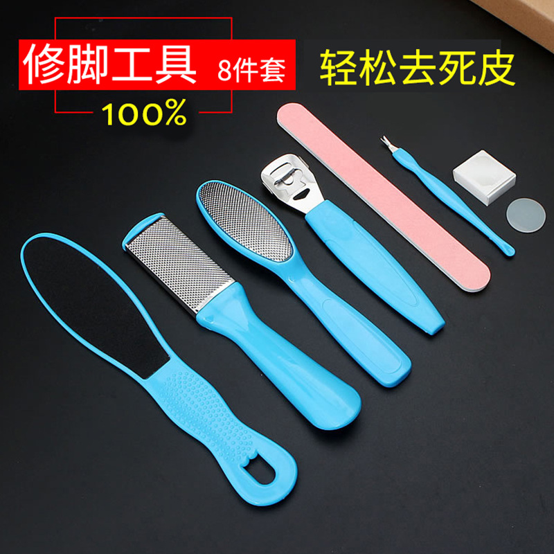 Foot care set with 8-in-1 wooden shoe last grinding stone, foot stone, foot peeling scraper, dead skin removal tool, foot file, and foot knife