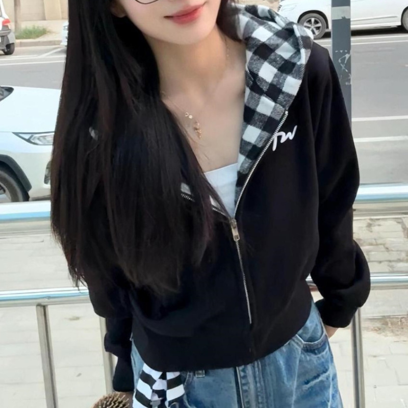 美式复古黑白格子拼接连帽卫衣女秋冬新款宽松慵懒风开衫短款外套|undefined