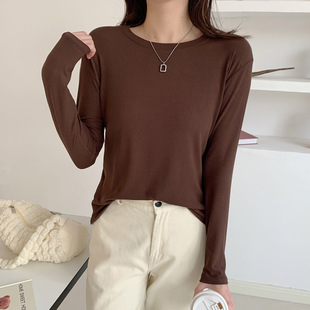 Round Neck Long Sleeve Thread Cotton Base Shirt Women's Spring and Autumn Outer Wear Loose T-shirt Knitted Shirt Stretch Slim-fit Inner Top