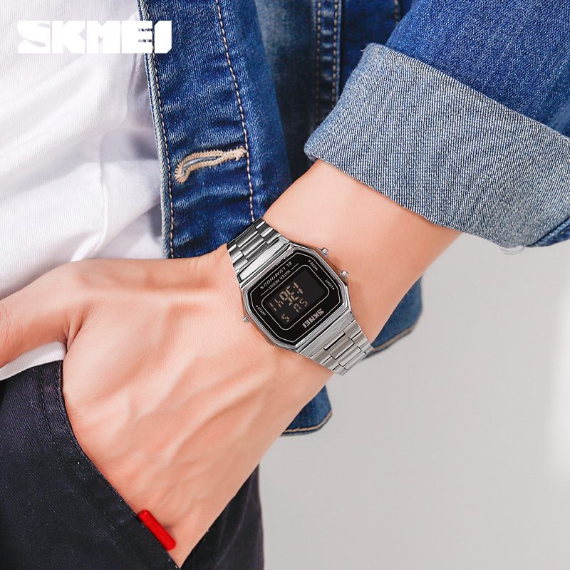 SKMEI Sudeste Asiático Venta caliente Moda Casual Square digital de moda los hombres impermeable deportes Correa acero reloj electrónico