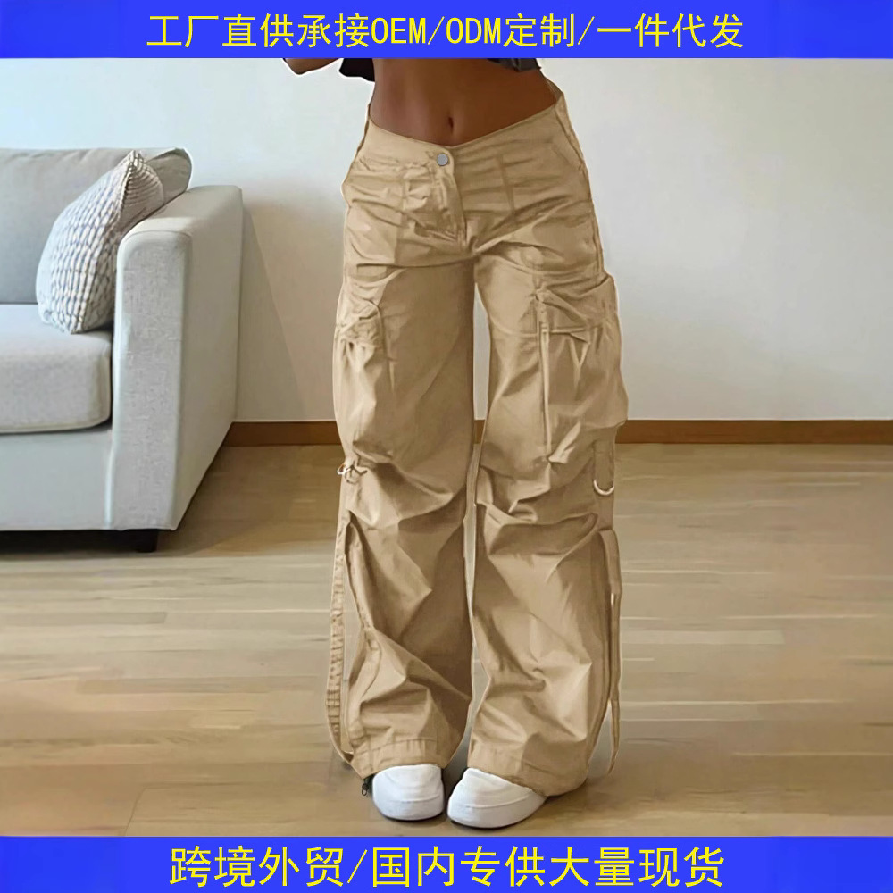 跨境欧美工装裤子女士休闲裤夏新款美式复古多口袋宽松直筒裤8125