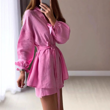 欧美跨境春秋新款2025系带设计感上衣时尚休闲宽松高腰短裤两件套