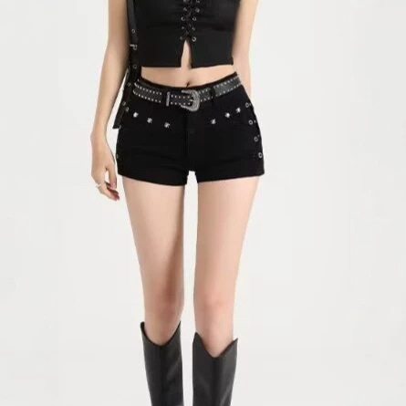 Hot Girl Style Black Rivet Design American-Style Tight-Fitting Hip-Hugging Short Denim Shorts for Women, Summer Low-Waist Sexy Hot Pants Trendy Hot Girl Style Black Rivet Design American-Style Tight-Fitting Hip-Hugging Short Denim Shorts for Women, Summer Low-Waist Sexy Hot Pants Trendy
