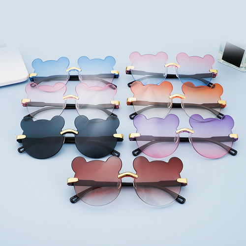 New rimless children's sunglasses, fashionable and cute sunglasses, personalized cartoon bear ears sunglasses wholesale