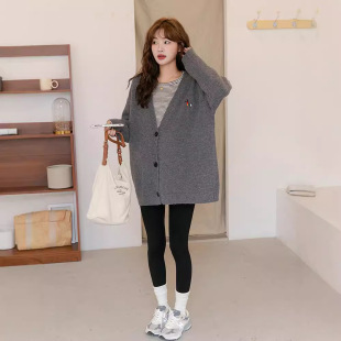Autumn and Winter Pregnant Women's Fashion Korean Style Pregnant Women's Big Cardigan Coat Embroidered Pony Pregnant Women's Sweater Long Sleeve Coat Mid-length