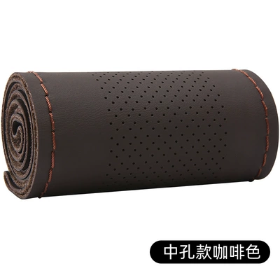 Steering wheel cover – handmade leather cover non-slip sewing - middle-hole-style-brown-38cm