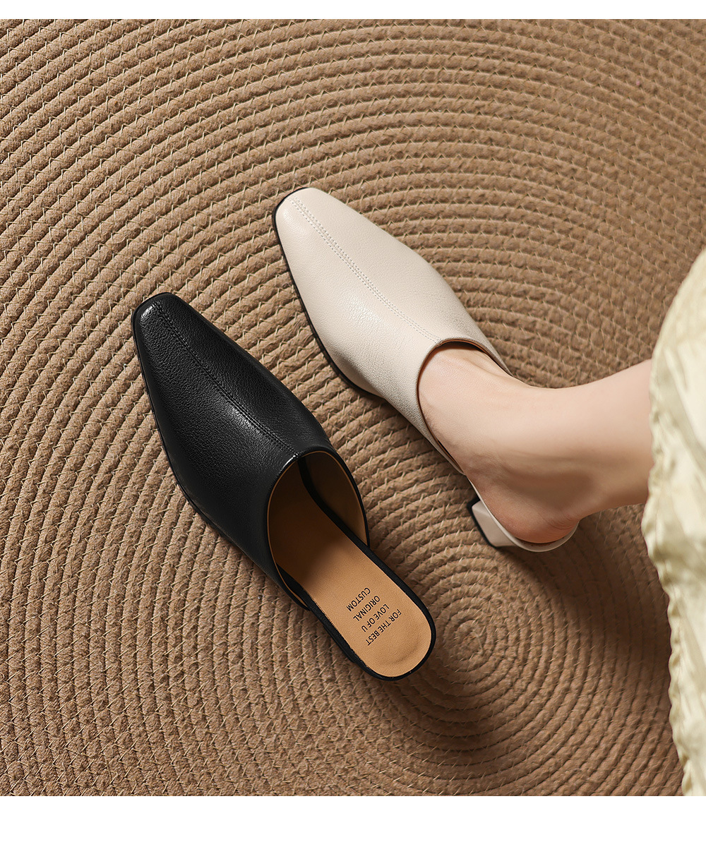 Giày sandal cao gót nữ hở mũi da bò gót thô 5 cm — đen chi tiết 2