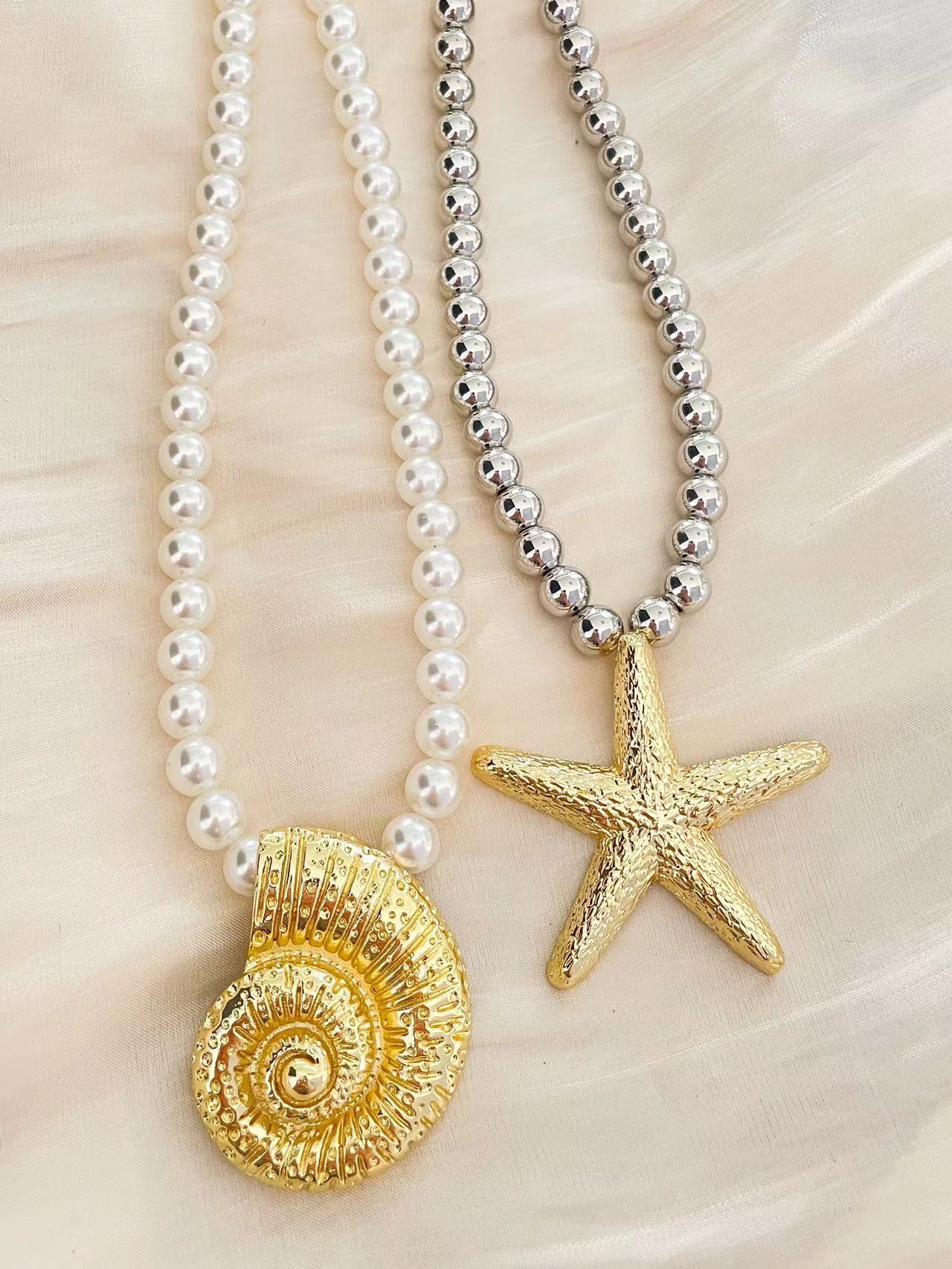 56g Weight Alloy Pendant Material Pendant Necklace Classification Marine Style Simple Style Starfish Conch Imitation Pearl Alloy Wholesale Pendant Necklace