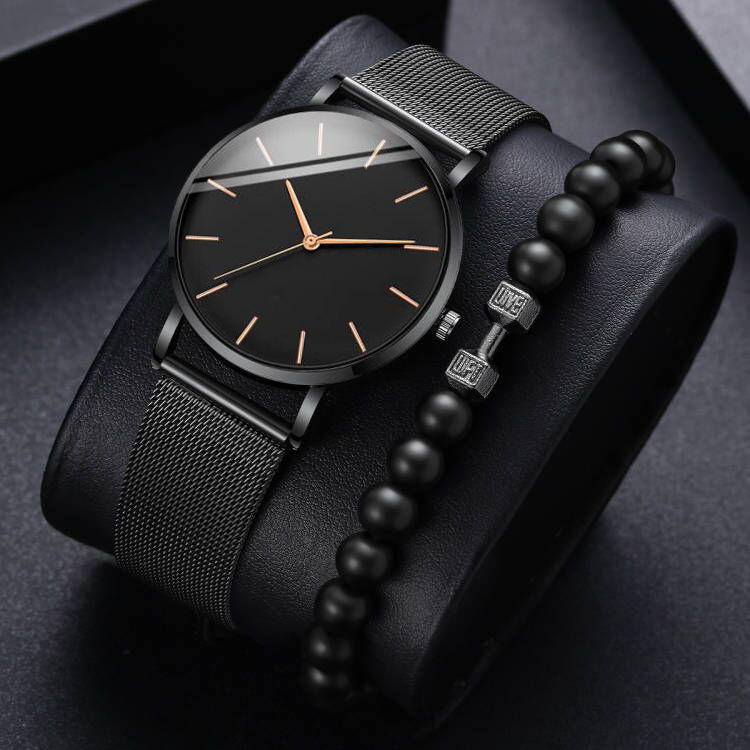 2PCS New Simple Bracelet Watch Fashion Atmospheric Trend Casual Men's Mesh Band Quartz Watch Bracelet