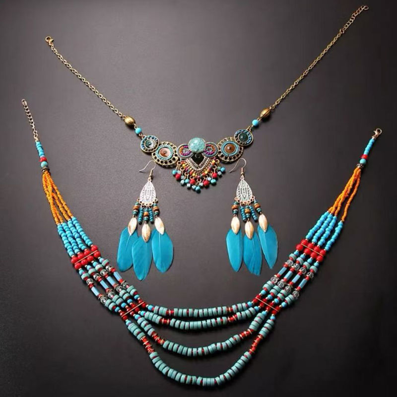 Retro Exotic Ethnic Style Forehead Chain, Bohemian Necklace, Feather Earrings Set, Travel Photo Accessories
