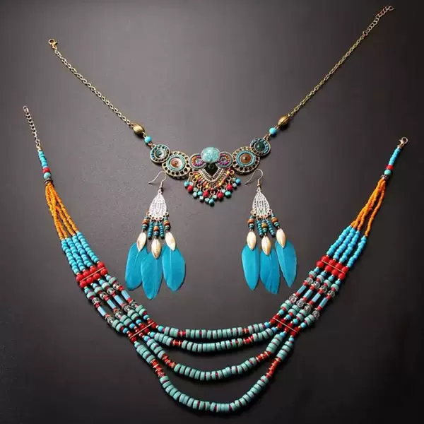 Retro Exotic Ethnic Style Forehead Chain, Bohemian Necklace, Feather Earrings Set, Travel Photo Accessories