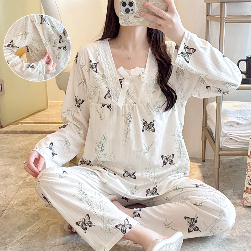 Spring and Autumn New Pregnant Women Pajamas Square Collar Lace Fashion Breastfeeding Moon Clothes Long Sleeve Home Clothes suit