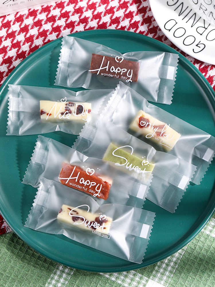 Bolsa de embalaje de nougat, embalaje de toffee, papel de azúcar, bolsas de pastel de leche de mango, sello de máquina transparente, bolsas pequeñas letras esmerizadas