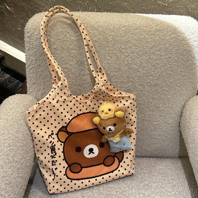 Cute Illustration 2025 Versatile New Polka Dot Rilakkuma Large Capacity One-Shoulder Student Cartoon Casual Work Clothing Tote