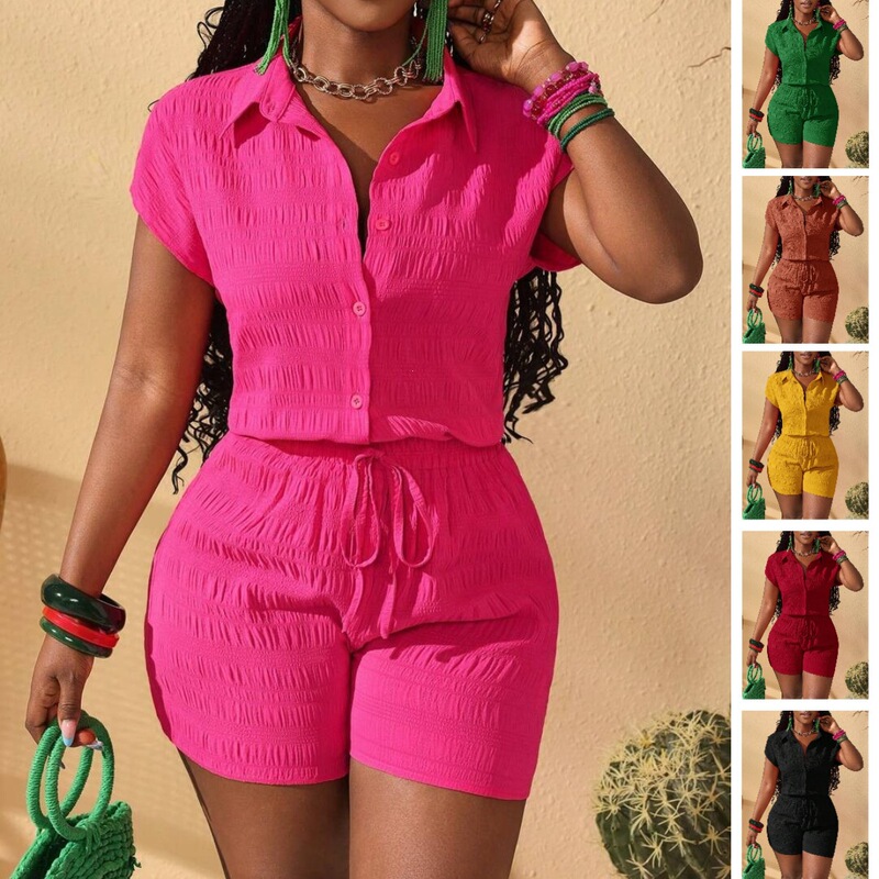 2026 Cross-Border European, American, and African Black Style Fashion Stand-Up Collar Button Short-Sleeve Shorts Set Two-Piece Set 2026 Cross-Border European, American, and African Black Style Fashion Stand-Up Collar Button Short-Sleeve Shorts Set Two-Piece Set