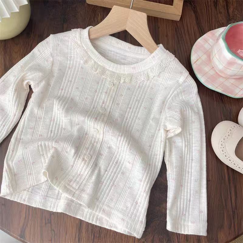 Autumn Pink Floral Print Girl's Long-Sleeved T-Shirt with Trim Collar, Sweet and Cute