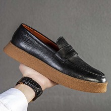 一脚蹬简约休闲皮鞋英伦雕花厚底懒人鞋套脚小黑鞋男