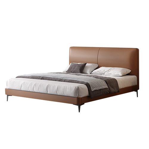Italian minimalist leather bed modern simple luxury leather bed double bed small apartment solid wood upholstered master bedroom leather art bed 