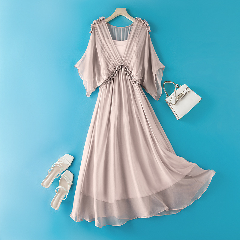 Women's Ear Edge Silk dress Solid Color Simple Atmospheric Mulberry Silk dress Long Summer New Vacation