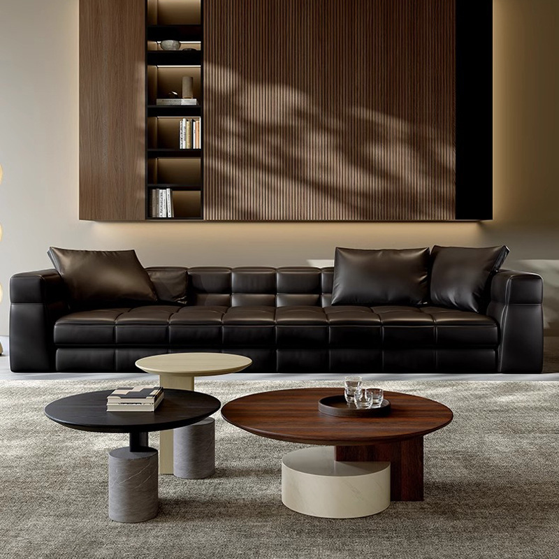 Sofá de cuero Braser minimalista de estilo italiano, sala de estar, primera capa de tres asientos, sofá de cuero amarillo, gran piso plano de villa