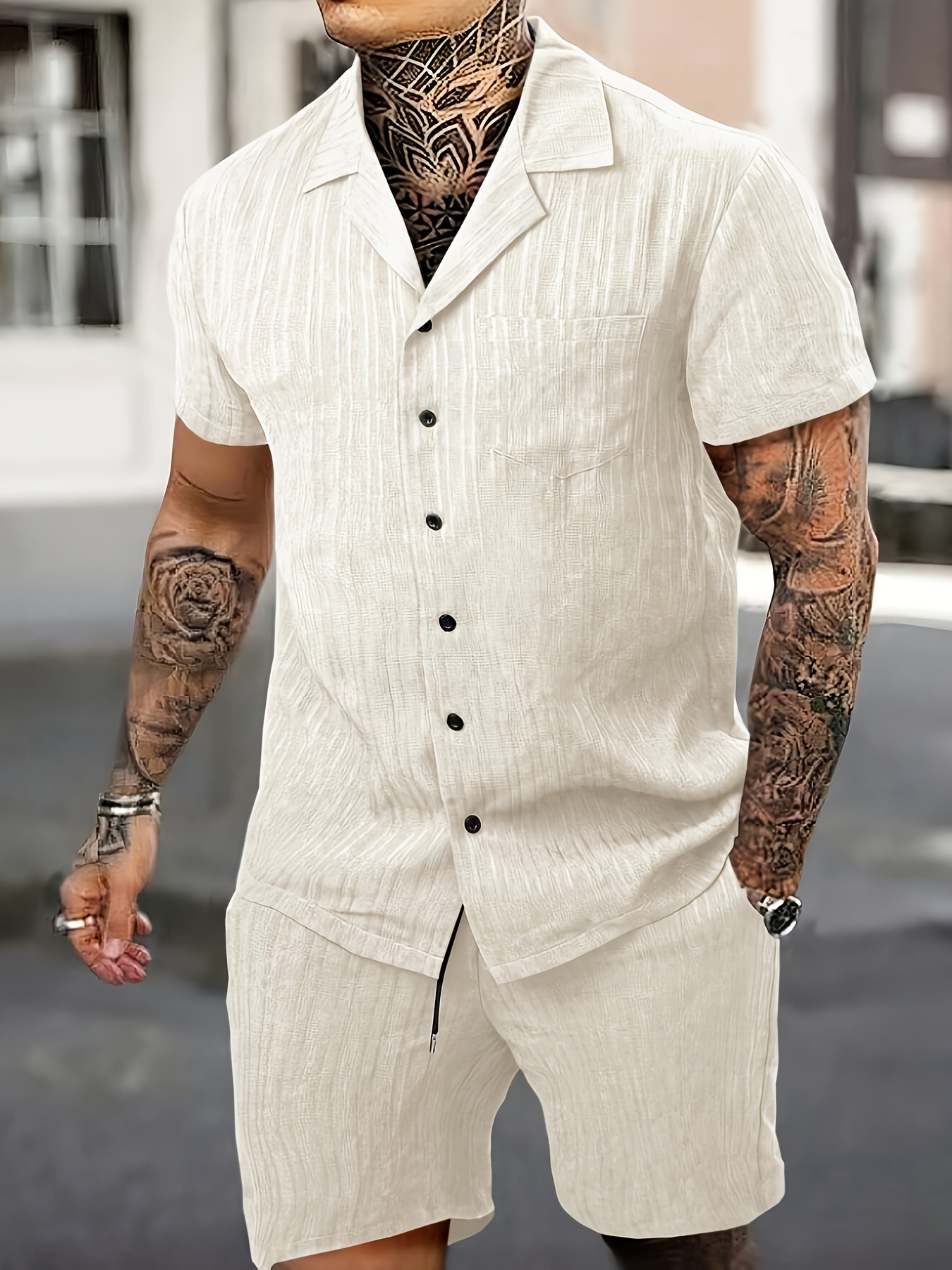 Lässiges Herren Hemd Und Shorts Set Mit Rüschentaschen_voghion.com
