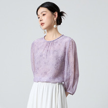 水墨【100%桑蚕丝】真丝衬衫淡紫蝴蝶印花灯笼袖通勤百搭上衣2275