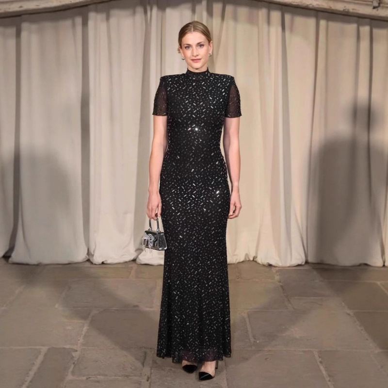 European and American Cross-Border Aliexpress Amazon Fashion Women's Hot Diamond Short-Sleeved Long Fishtail Evening Dress Waist Dress